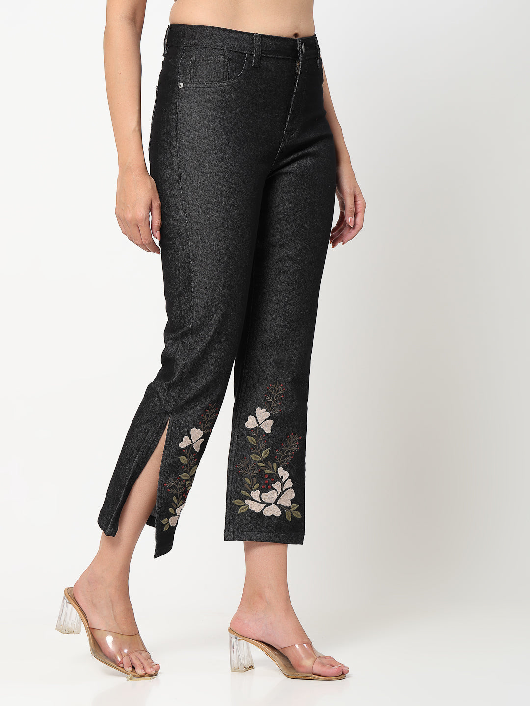 Black Floral Embroidered Side Slit Denim Jeans - Cosmic Trio
