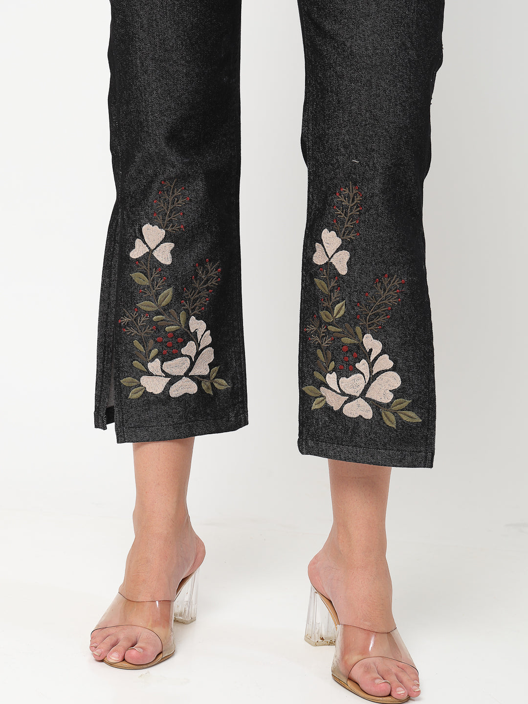 Black Floral Embroidered Side Slit Denim Jeans - Cosmic Trio