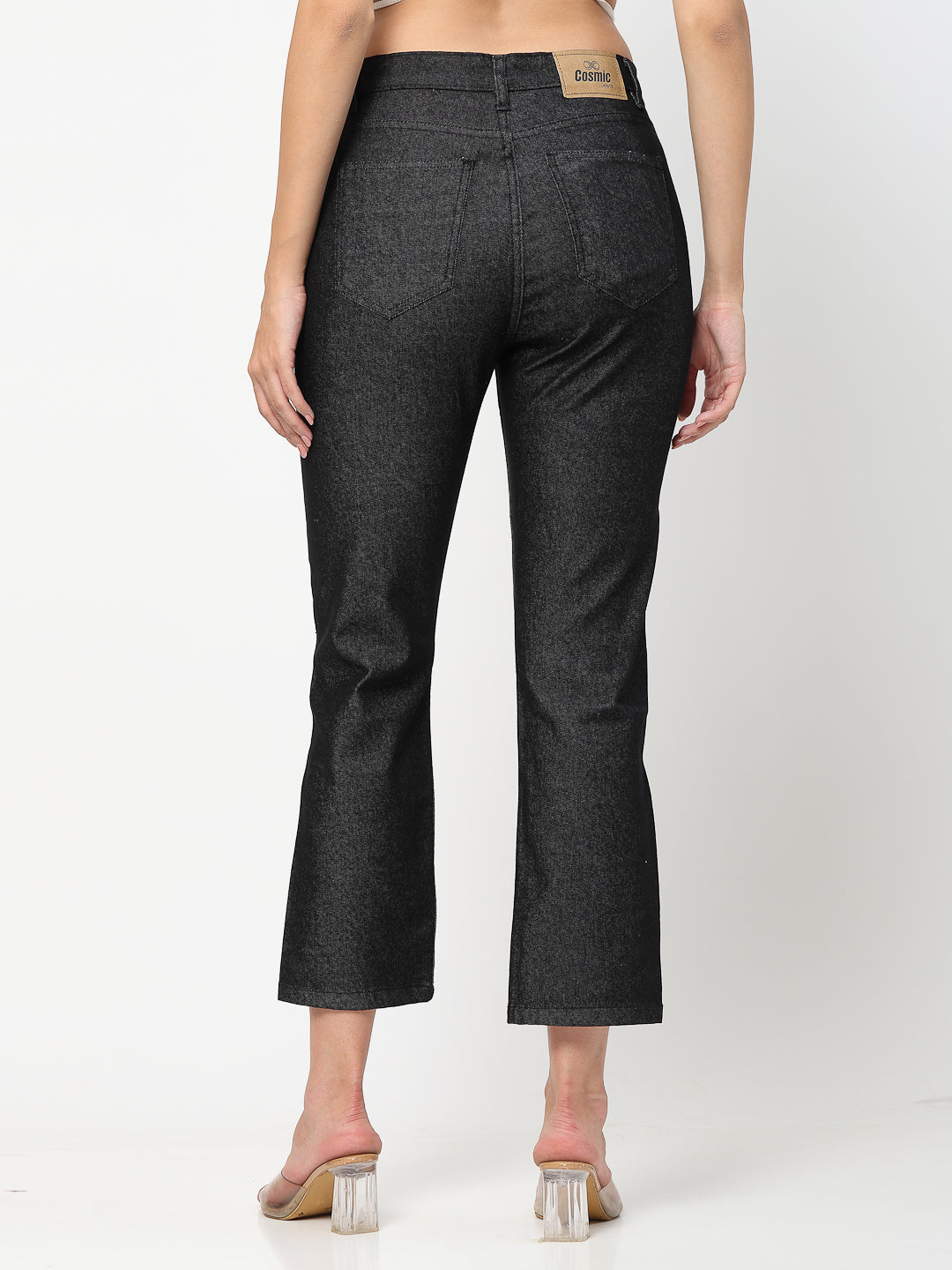 Black Floral Embroidered Side Slit Denim Jeans - Cosmic Trio