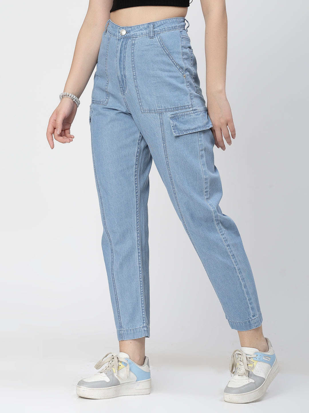 Mid Indigo High-Rise Cargo Jeans for Women
