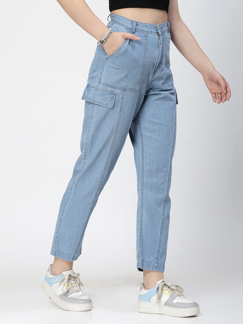 Mid Indigo High-Rise Cargo Jeans for Women
