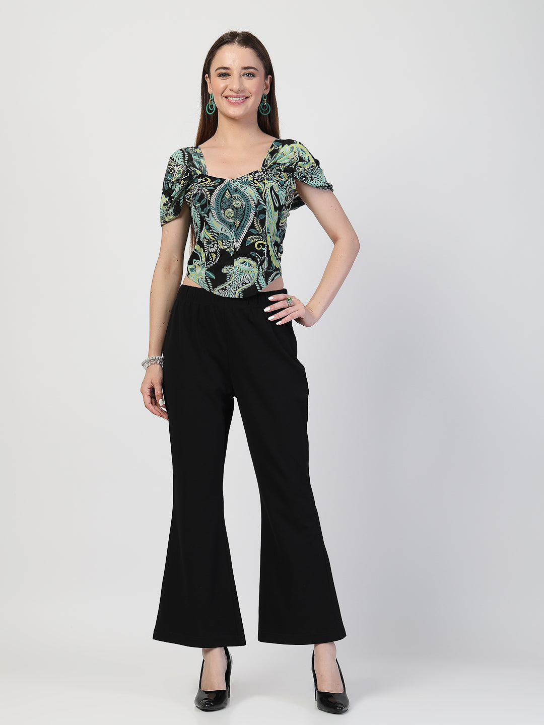 Elegant Green & Black Printed Chiffon Co-Ord Set - Cosmic Trio