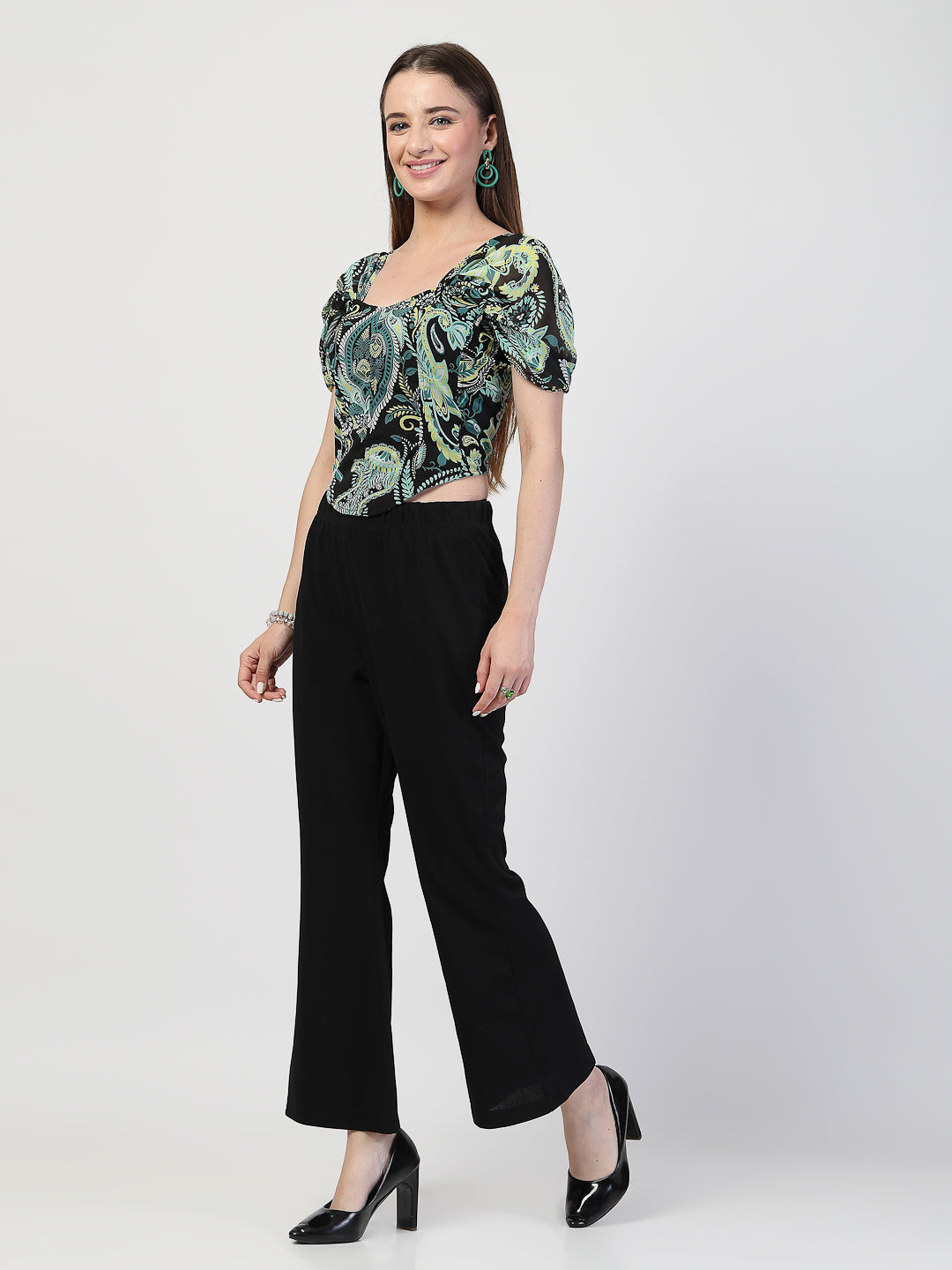 Elegant Green & Black Printed Chiffon Co-Ord Set - Cosmic Trio