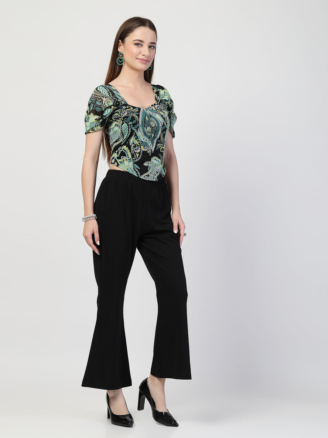 Elegant Green & Black Printed Chiffon Co-Ord Set - Cosmic Trio