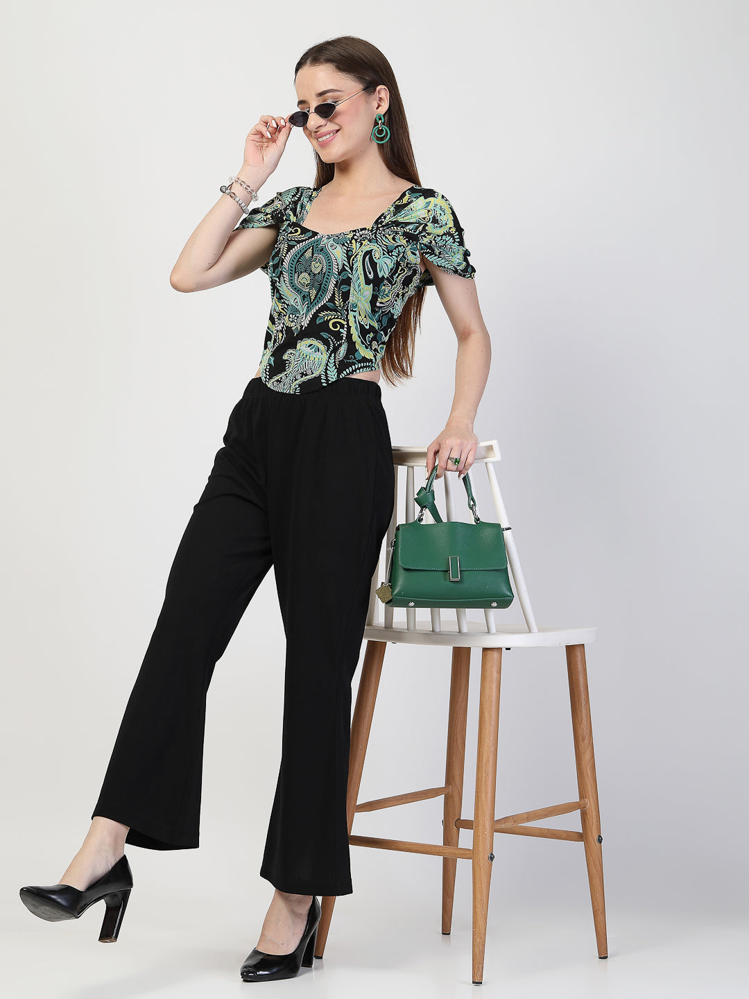 Elegant Green & Black Printed Chiffon Co-Ord Set - Cosmic Trio