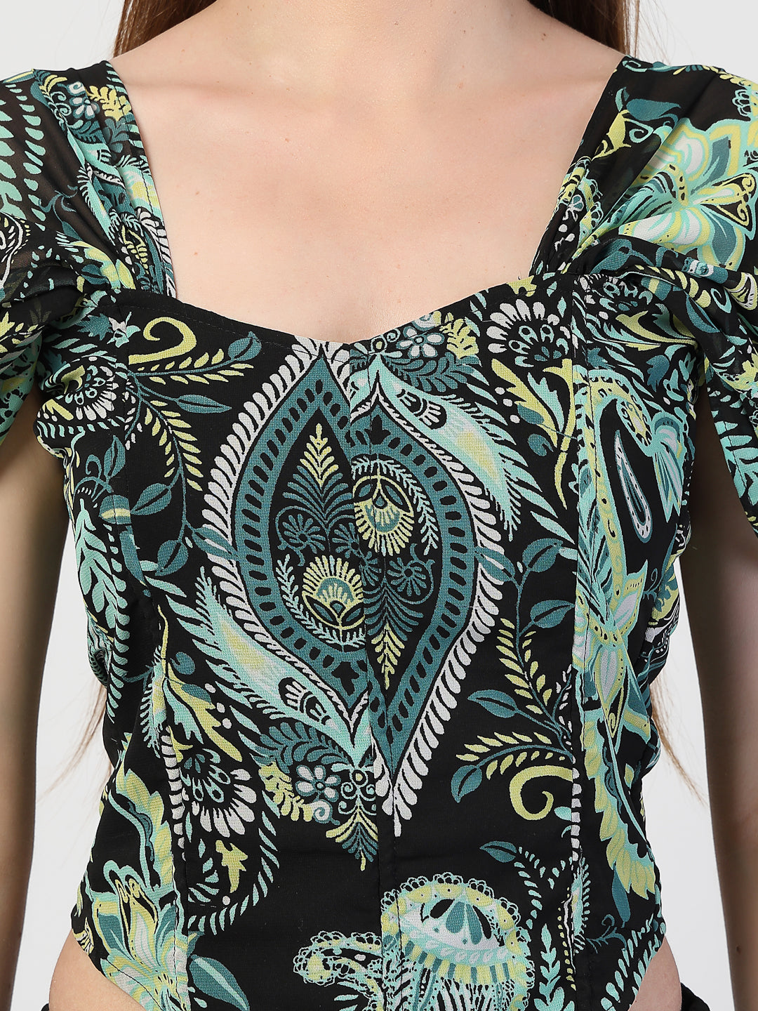 Elegant Green & Black Printed Chiffon Co-Ord Set - Cosmic Trio