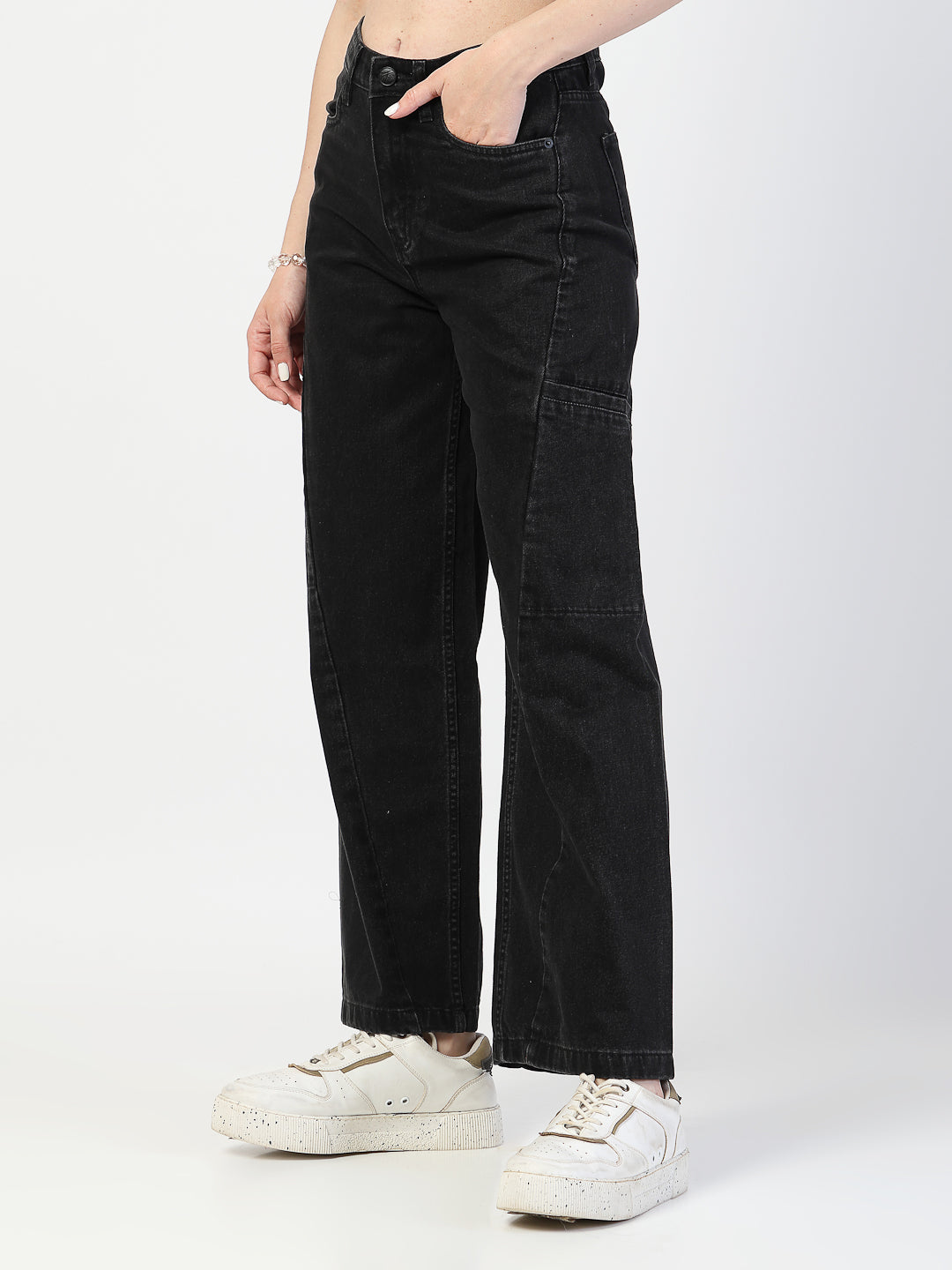 Black Denim Cargo Jeans for Women – Straight Fit Smart Casual Wear