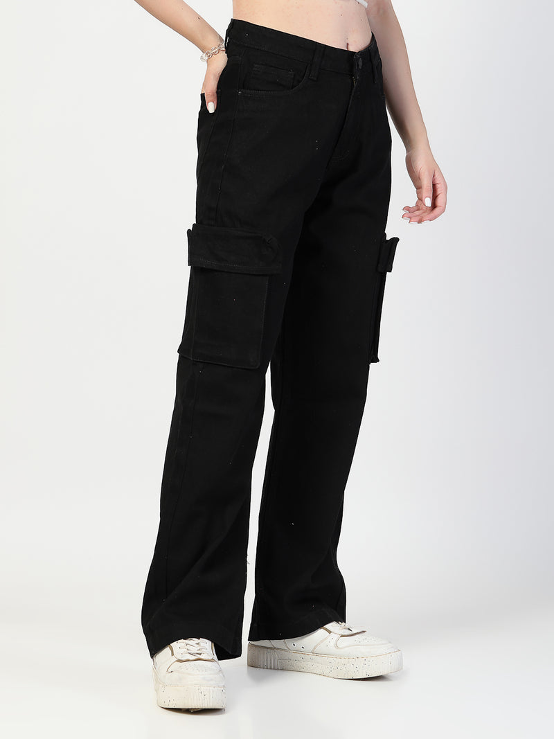 Black Mid Rise Regular Fit Cargo Denim Jeans Women