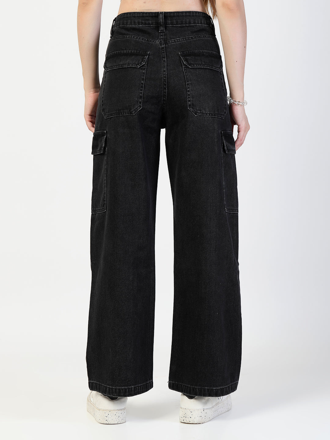Stylish Wide-Leg Denim Black Jeans with Cargo Pockets - Cosmic Trio