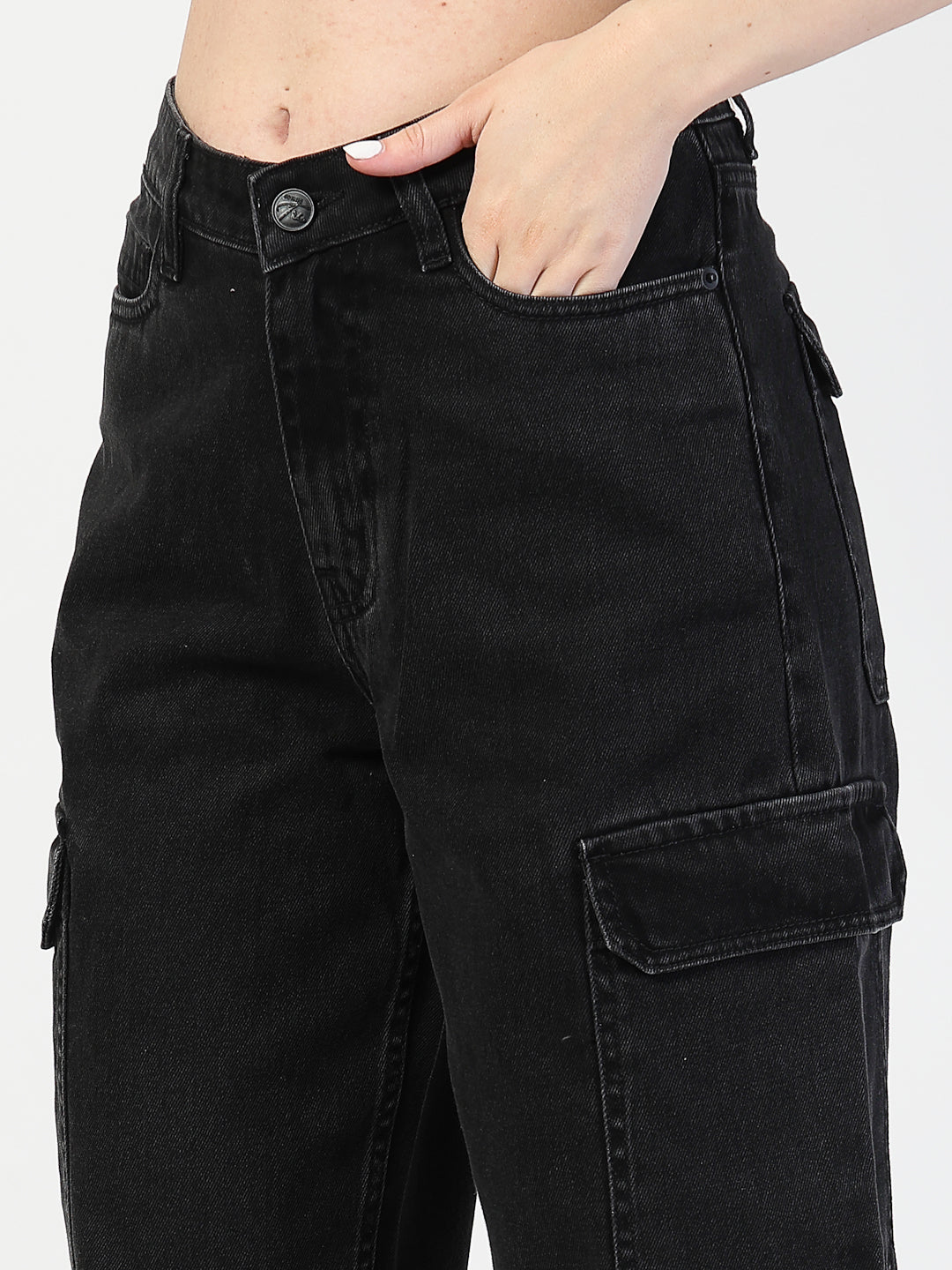 Stylish Wide-Leg Denim Black Jeans with Cargo Pockets - Cosmic Trio