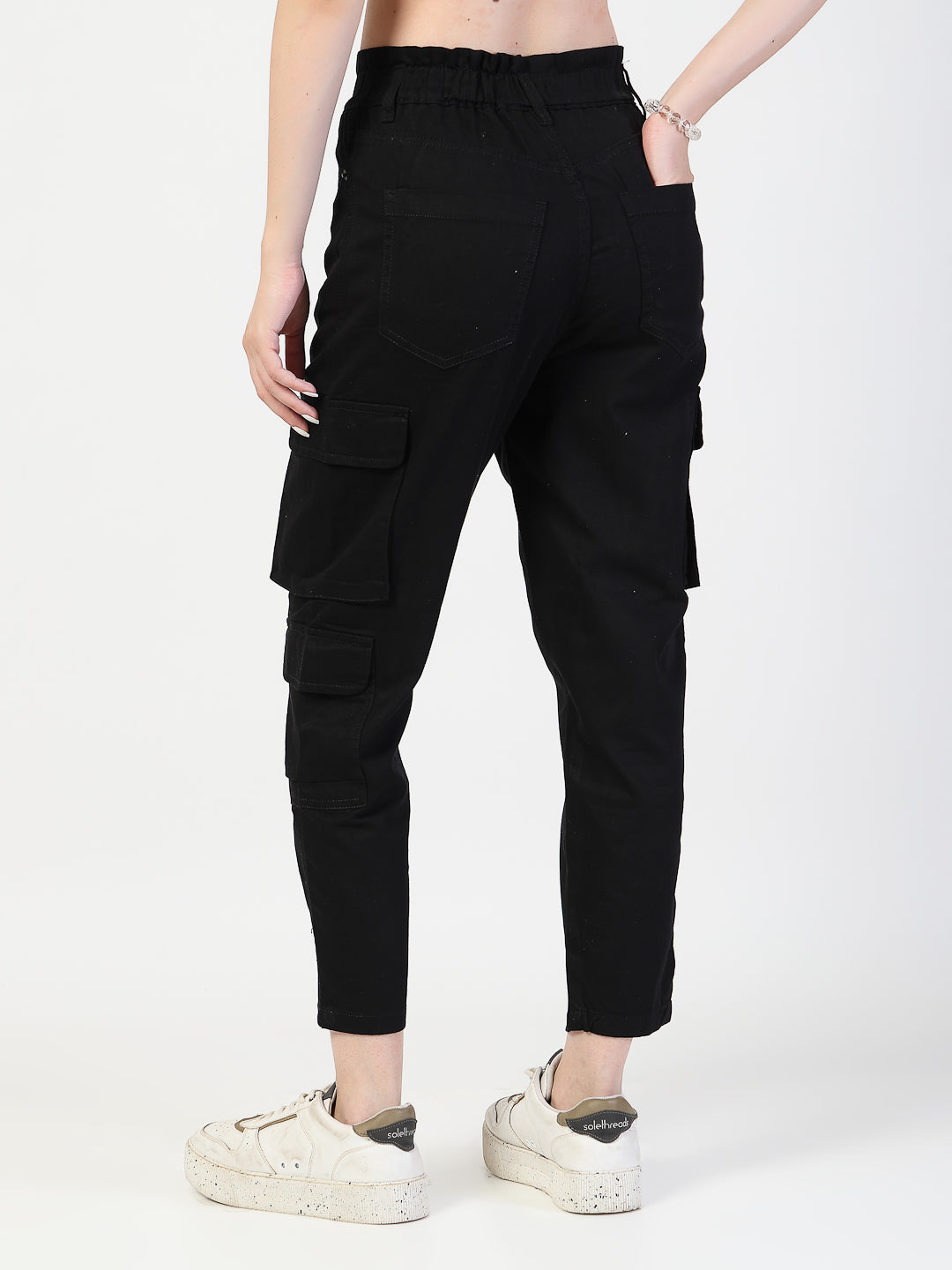 Black Cotton Fitted Cargos Style Trouser - Cosmic Trio