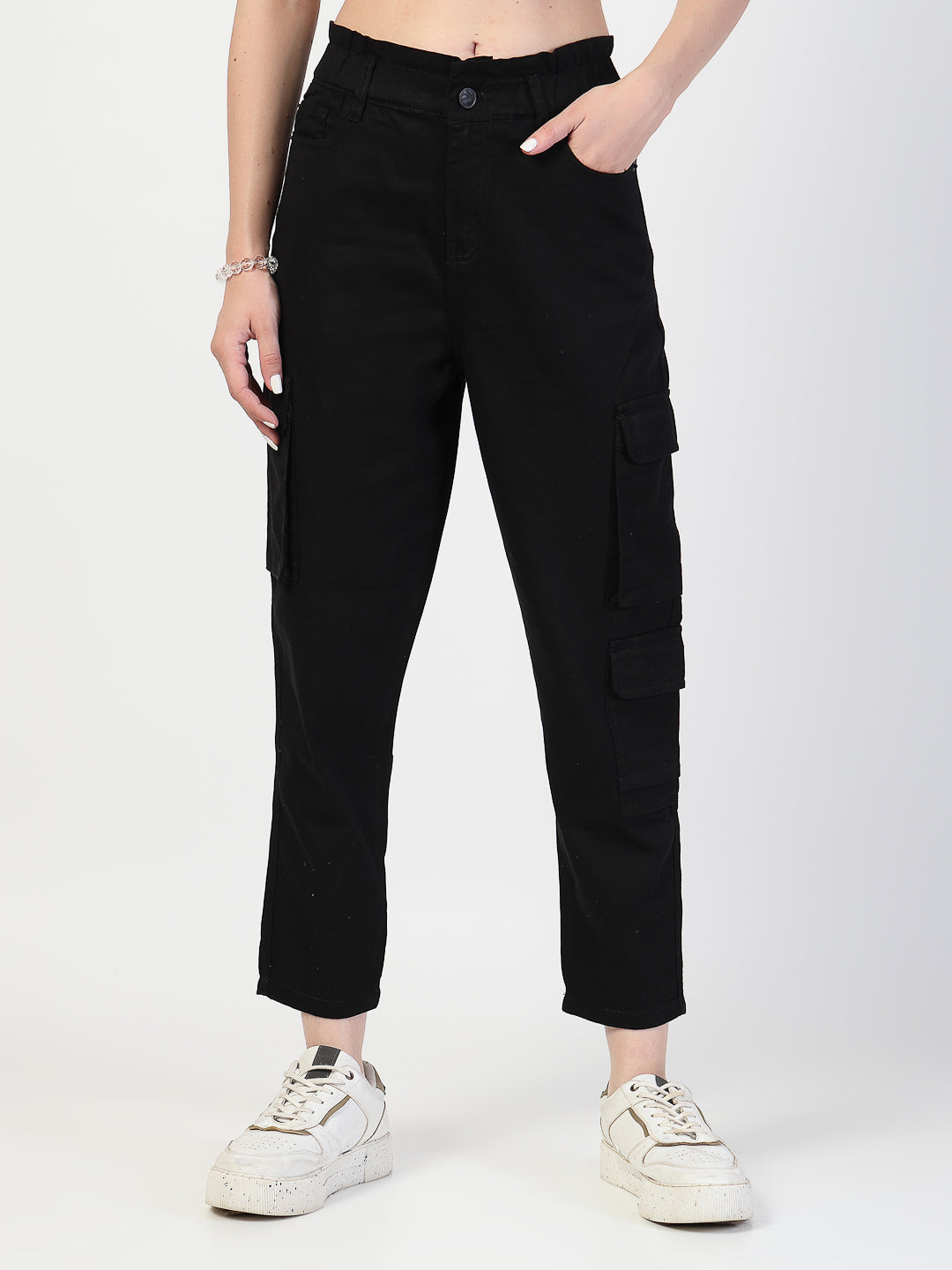 Black Cotton Fitted Cargos Style Trouser - Cosmic Trio