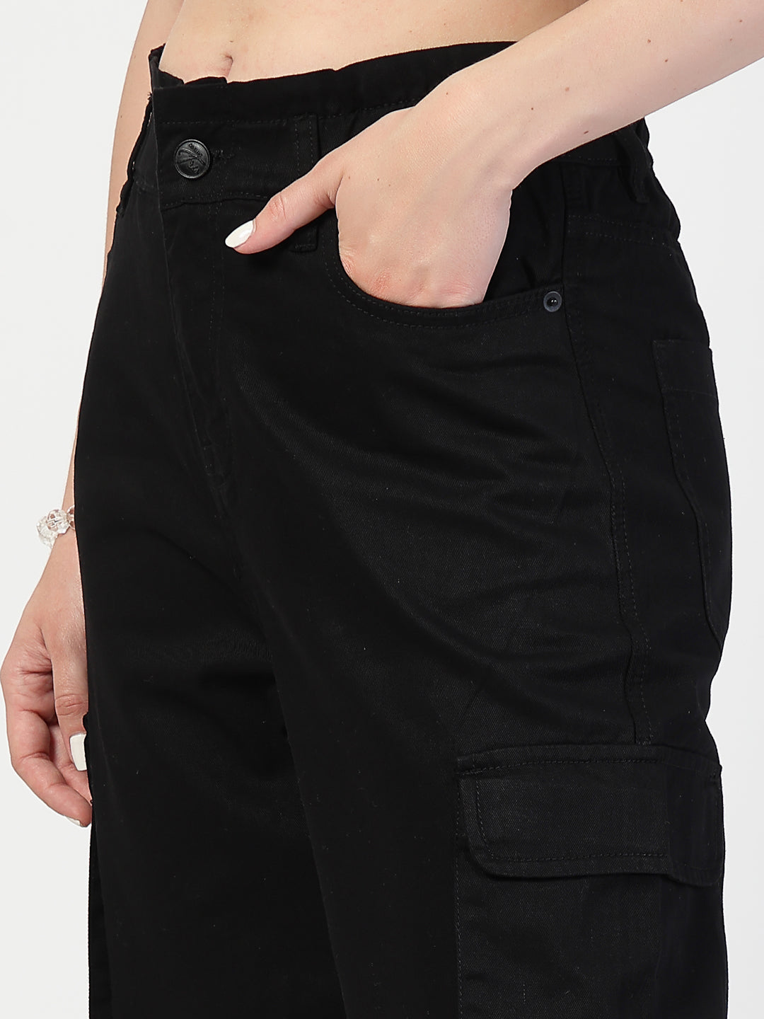 Black Cotton Fitted Cargos Style Trouser - Cosmic Trio