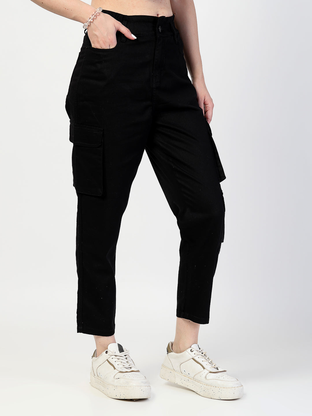 Black Cotton Fitted Cargos Style Trouser - Cosmic Trio