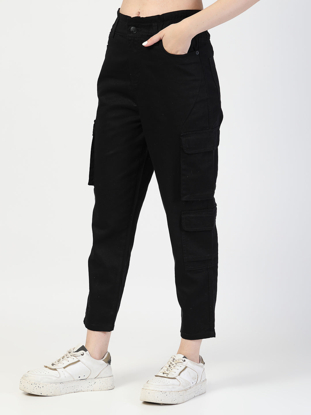 Black Cotton Fitted Cargos Style Trouser - Cosmic Trio