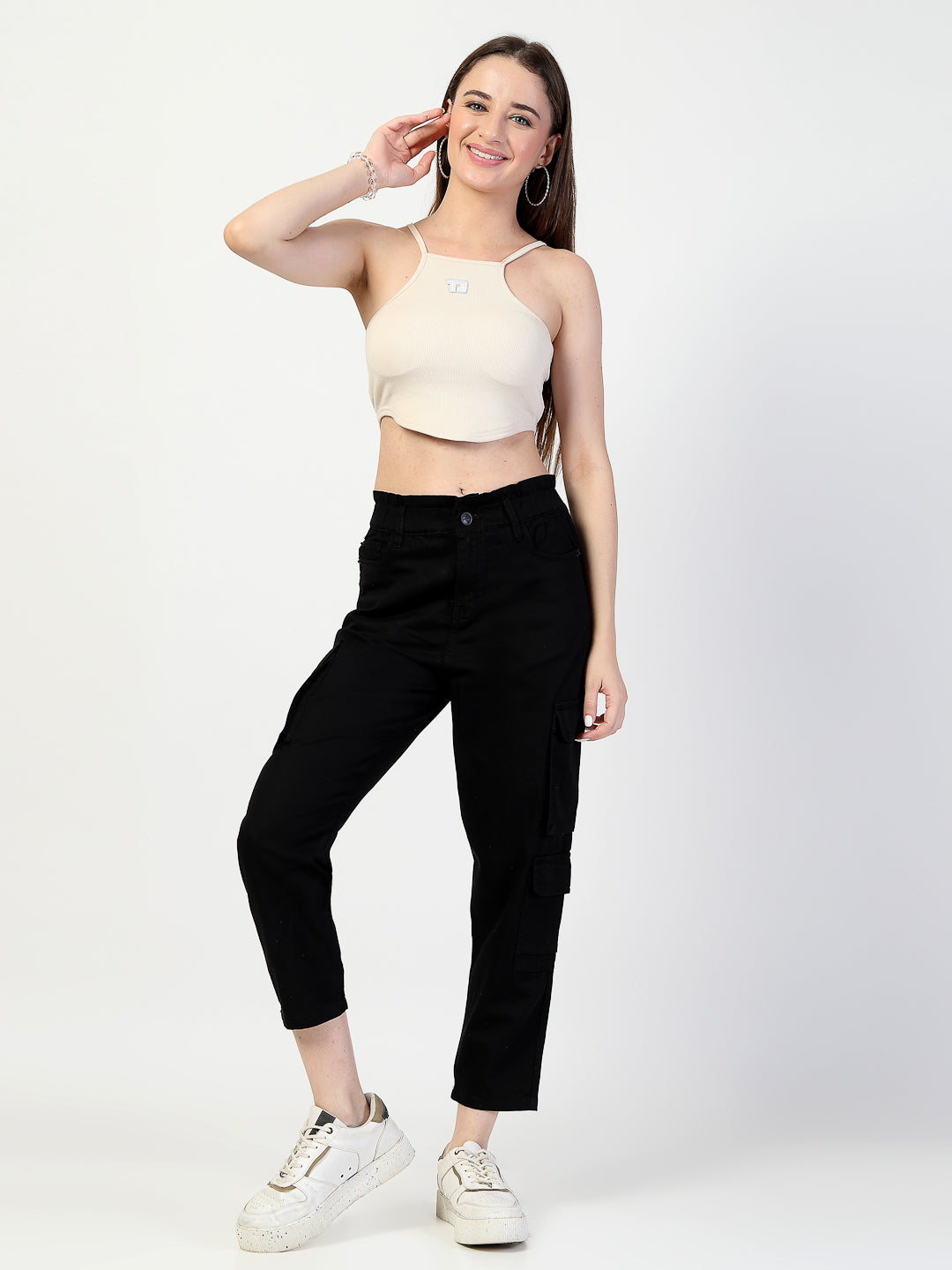 Black Cotton Fitted Cargos Style Trouser - Cosmic Trio