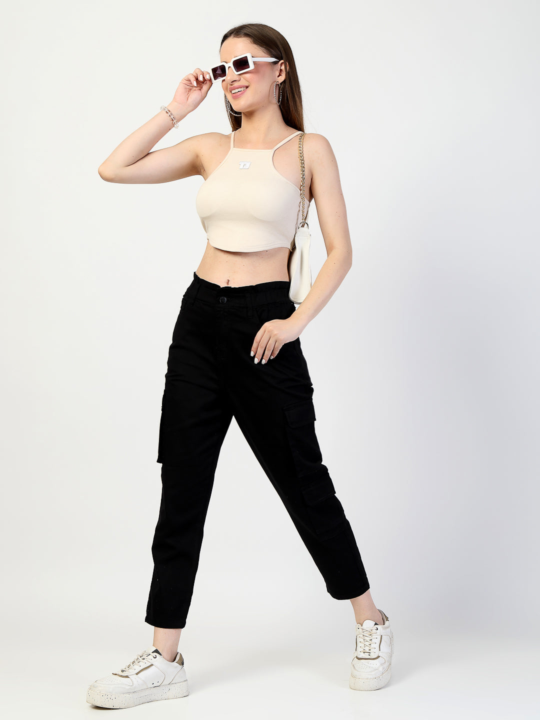 Black Cotton Fitted Cargos Style Trouser - Cosmic Trio