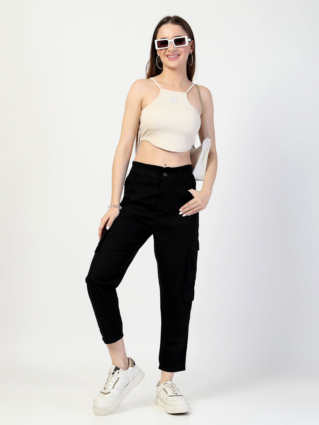 Black Cotton Fitted Cargos Style Trouser - Cosmic Trio