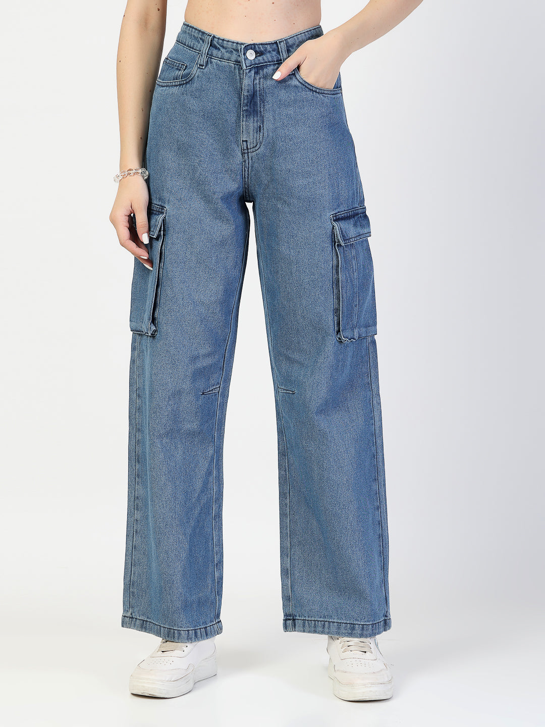 Light Indigo Relaxed Straight Loose Fit Cargo Trauser - Cosmic Trio