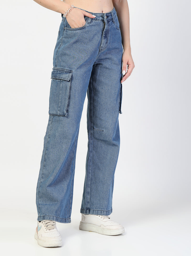 Light Indigo Regular Fit Cargo Denim Jeans Women