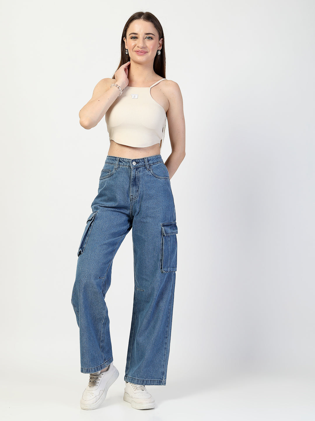 Light Indigo Relaxed Straight Loose Fit Cargo Trauser - Cosmic Trio