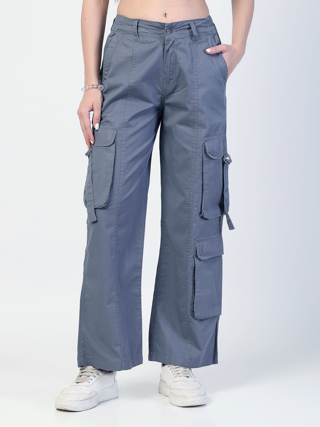 Straight Fit Grey Cotton Cargo Jeans - Cosmic Trio