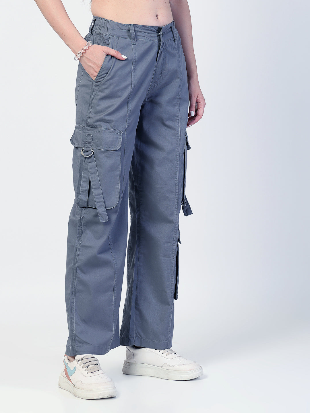 Straight Fit Grey Cotton Cargo Jeans - Cosmic Trio