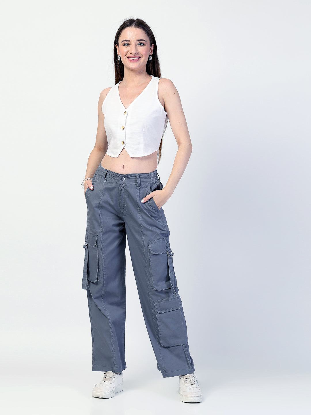 Straight Fit Grey Cotton Cargo Jeans - Cosmic Trio