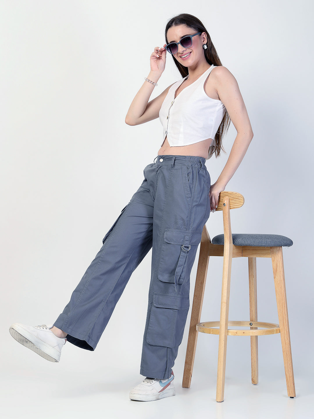 Straight Fit Grey Cotton Cargo Jeans - Cosmic Trio