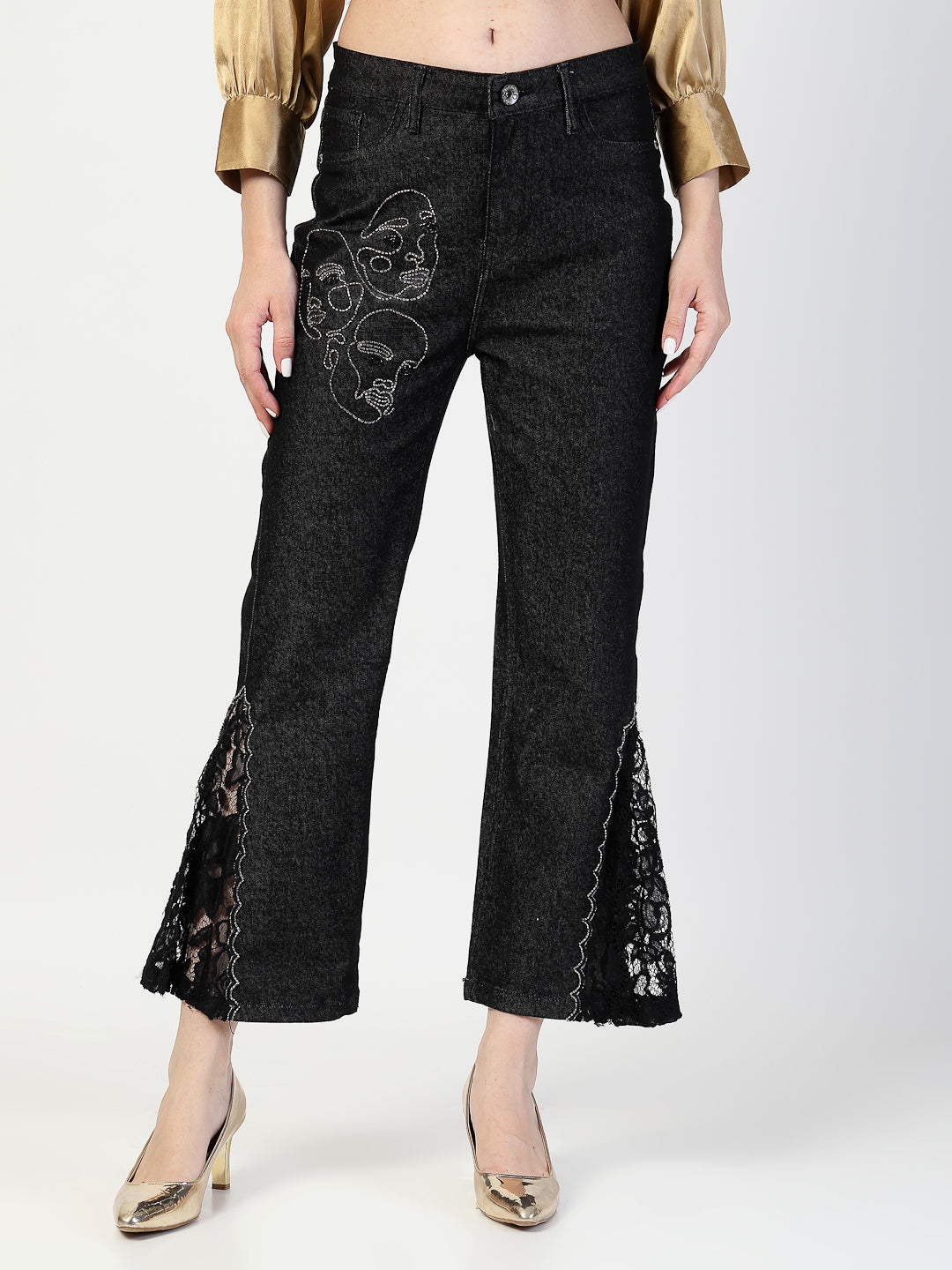 Embroidered Black Bootcut Denim Jeans - Cosmic Trio