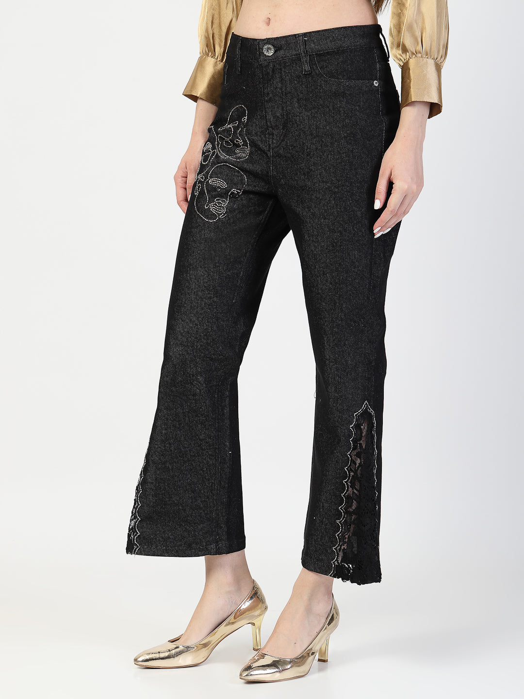 Embroidered Black Bootcut Denim Jeans - Cosmic Trio