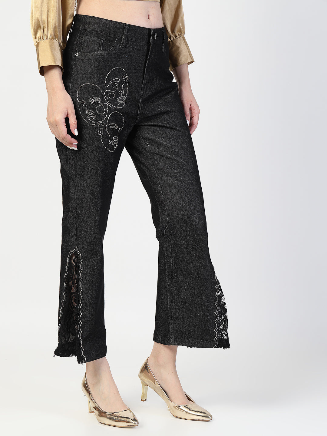 Embroidered Black Bootcut Denim Jeans - Cosmic Trio