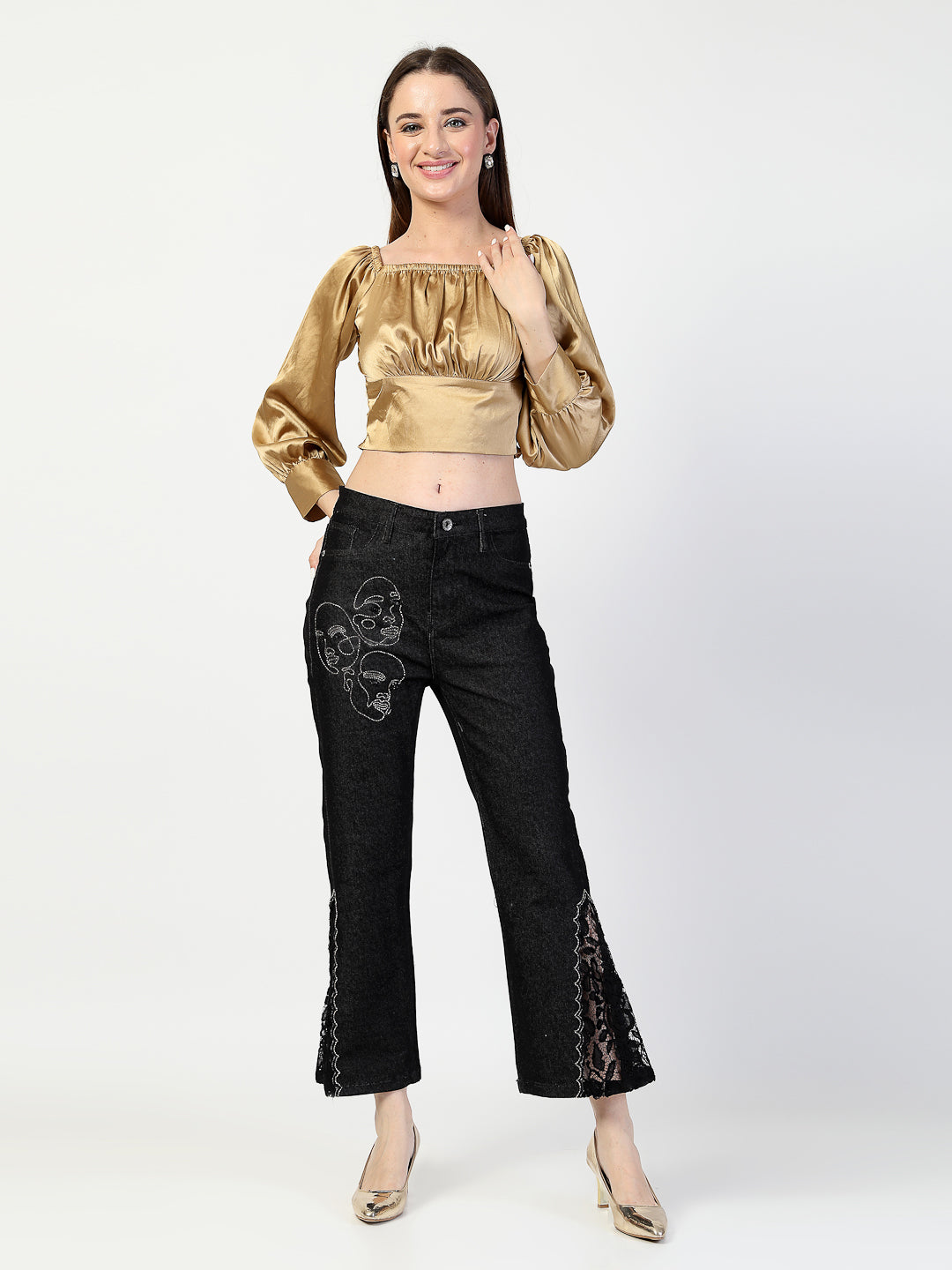 Embroidered Black Bootcut Denim Jeans - Cosmic Trio