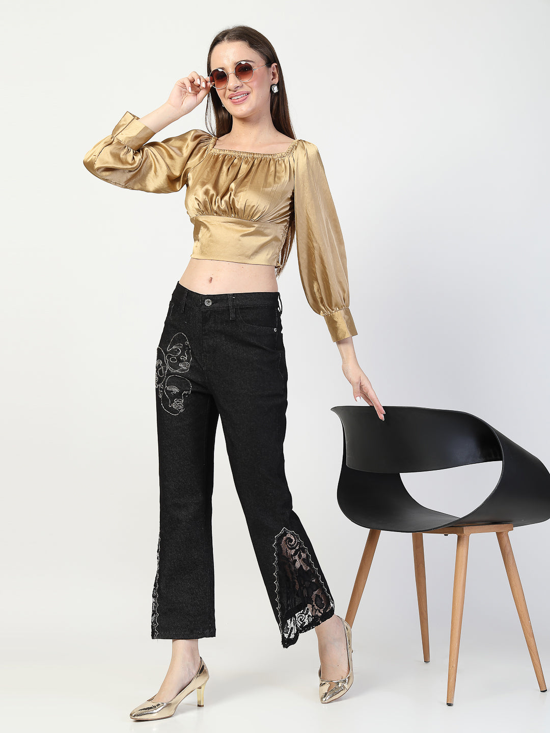 Embroidered Black Bootcut Denim Jeans - Cosmic Trio