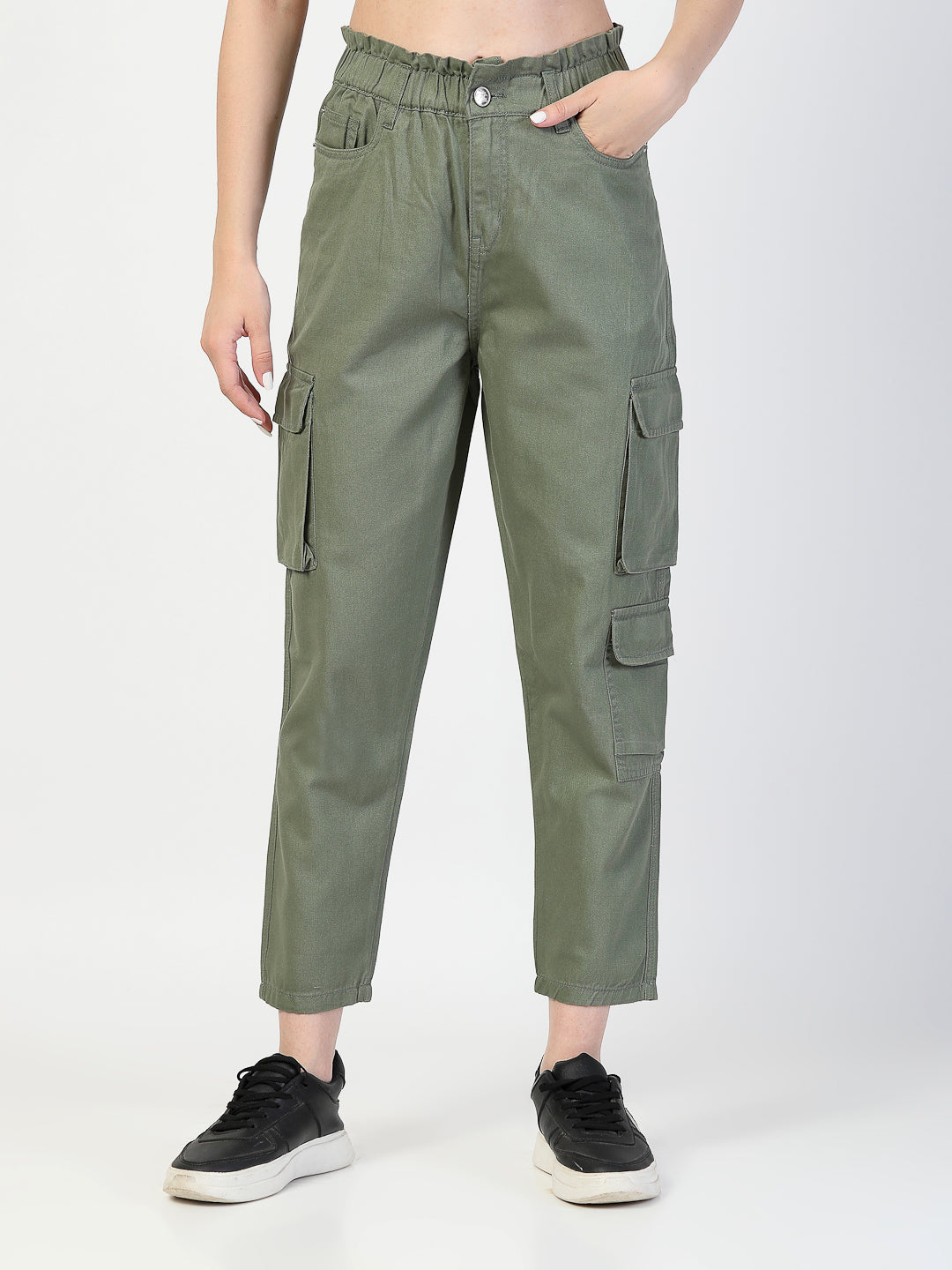 Olive Cotton Relaxed Fit Cargos Trousers - Cosmic Trio