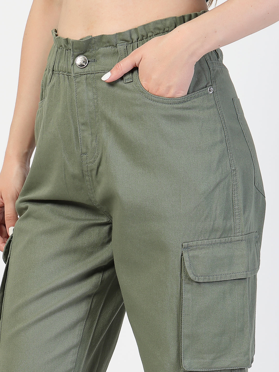 Olive Cotton Relaxed Fit Cargos Trousers - Cosmic Trio