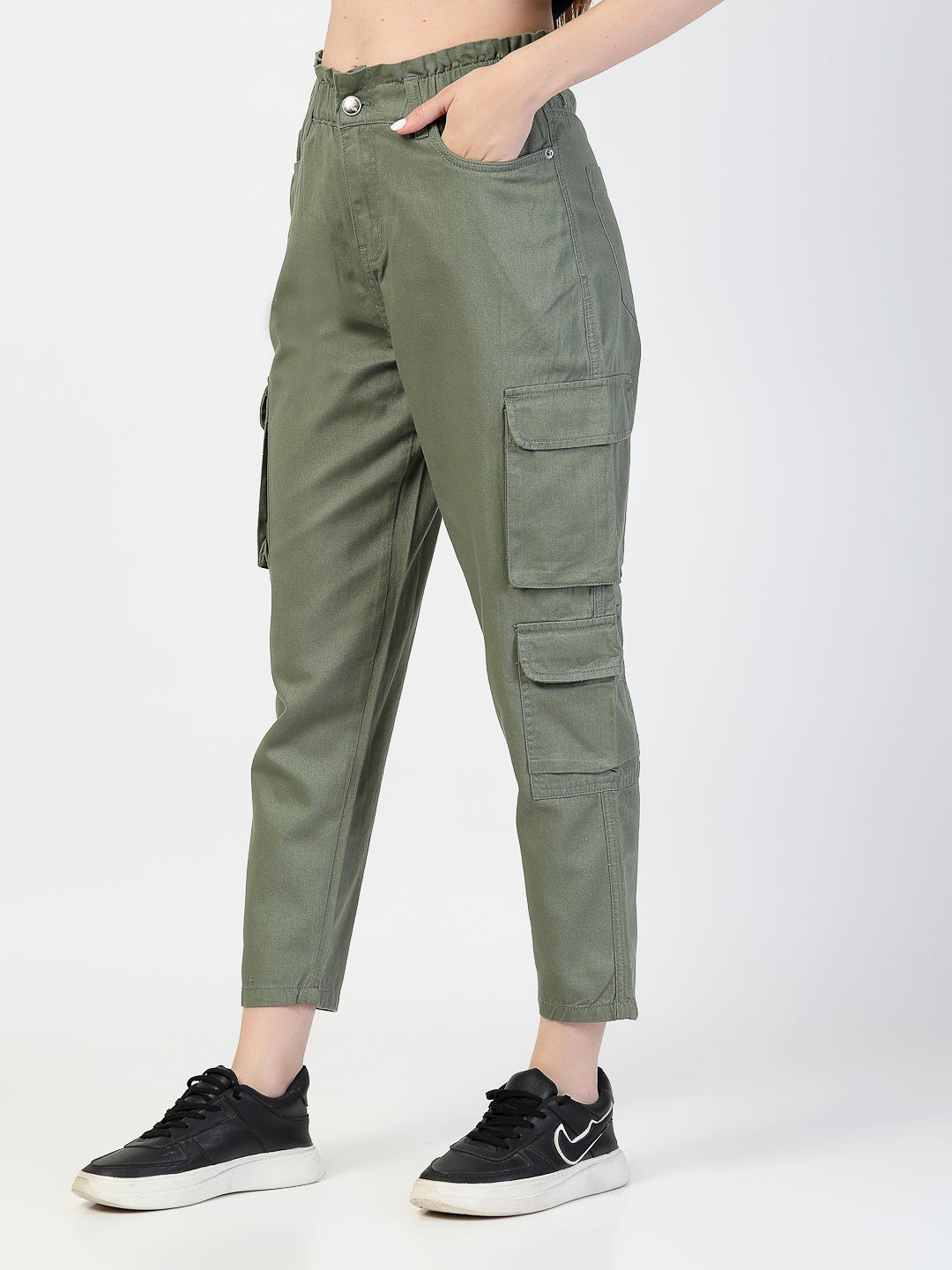 Olive Cotton Relaxed Fit Cargos Trousers - Cosmic Trio