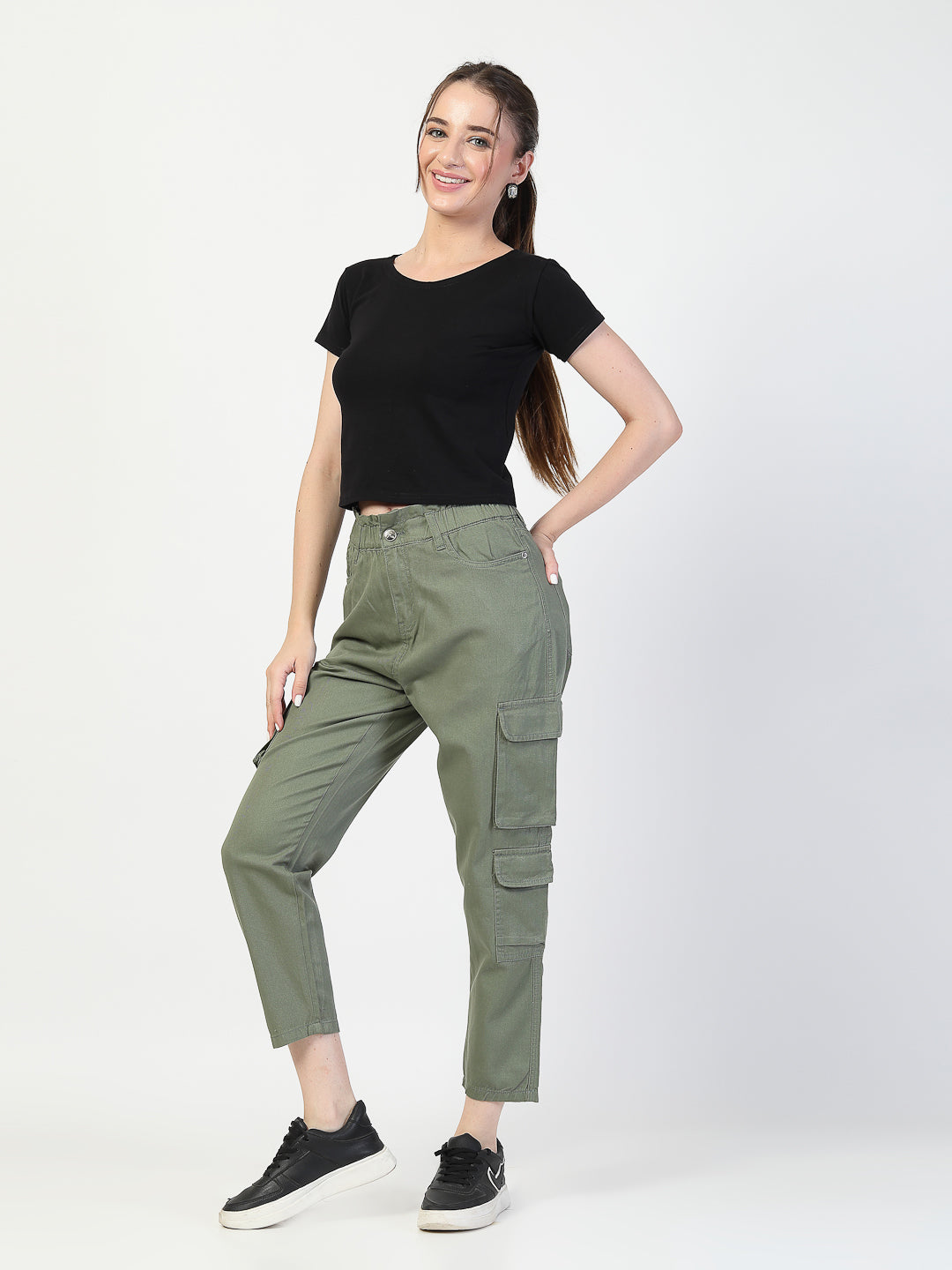 Olive Cotton Relaxed Fit Cargos Trousers - Cosmic Trio