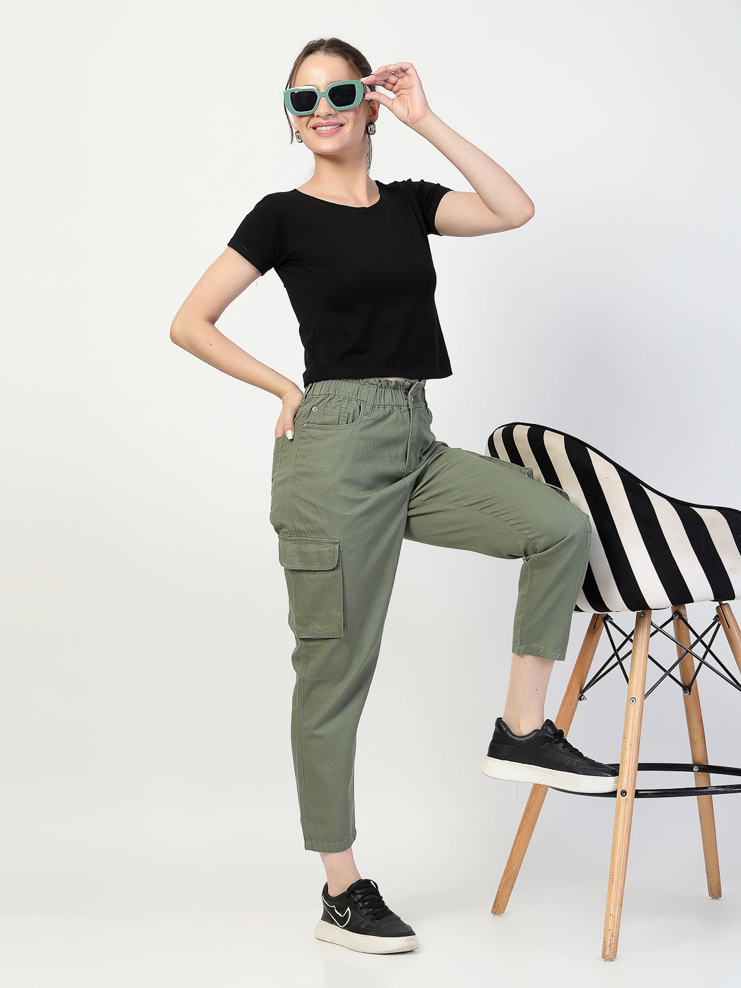 Olive Cotton Relaxed Fit Cargos Trousers - Cosmic Trio