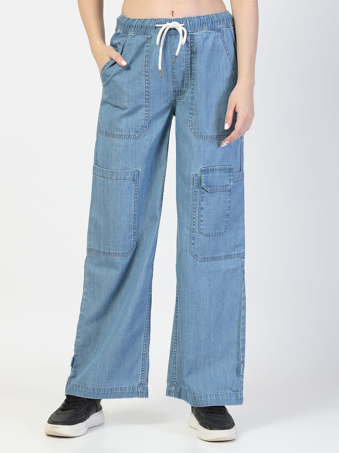 Light Blue Relaxed Straight Leg Cargos Denim Jeans - Cosmic Trio