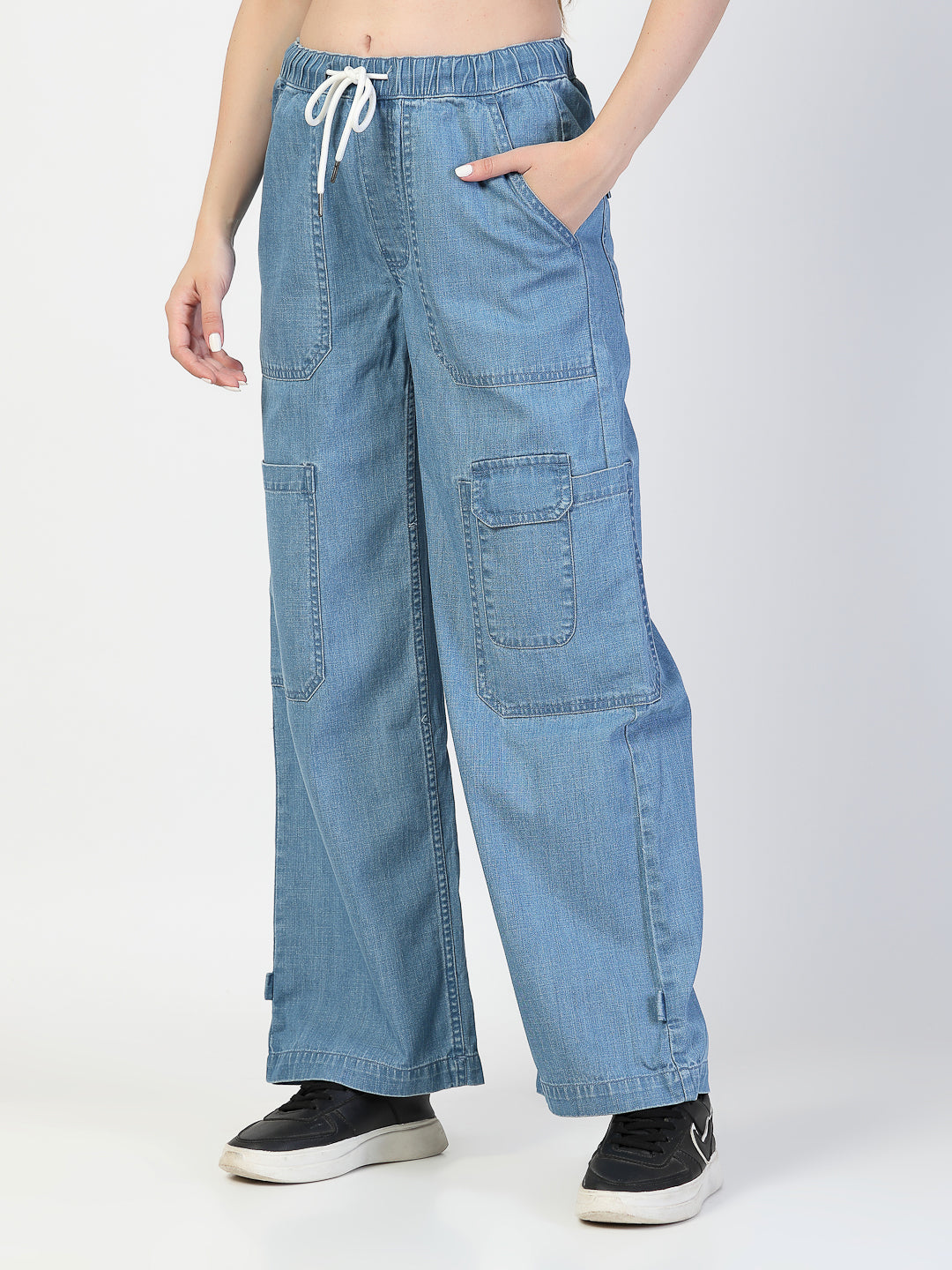 Light Blue Relaxed Straight Leg Cargos Denim Jeans - Cosmic Trio