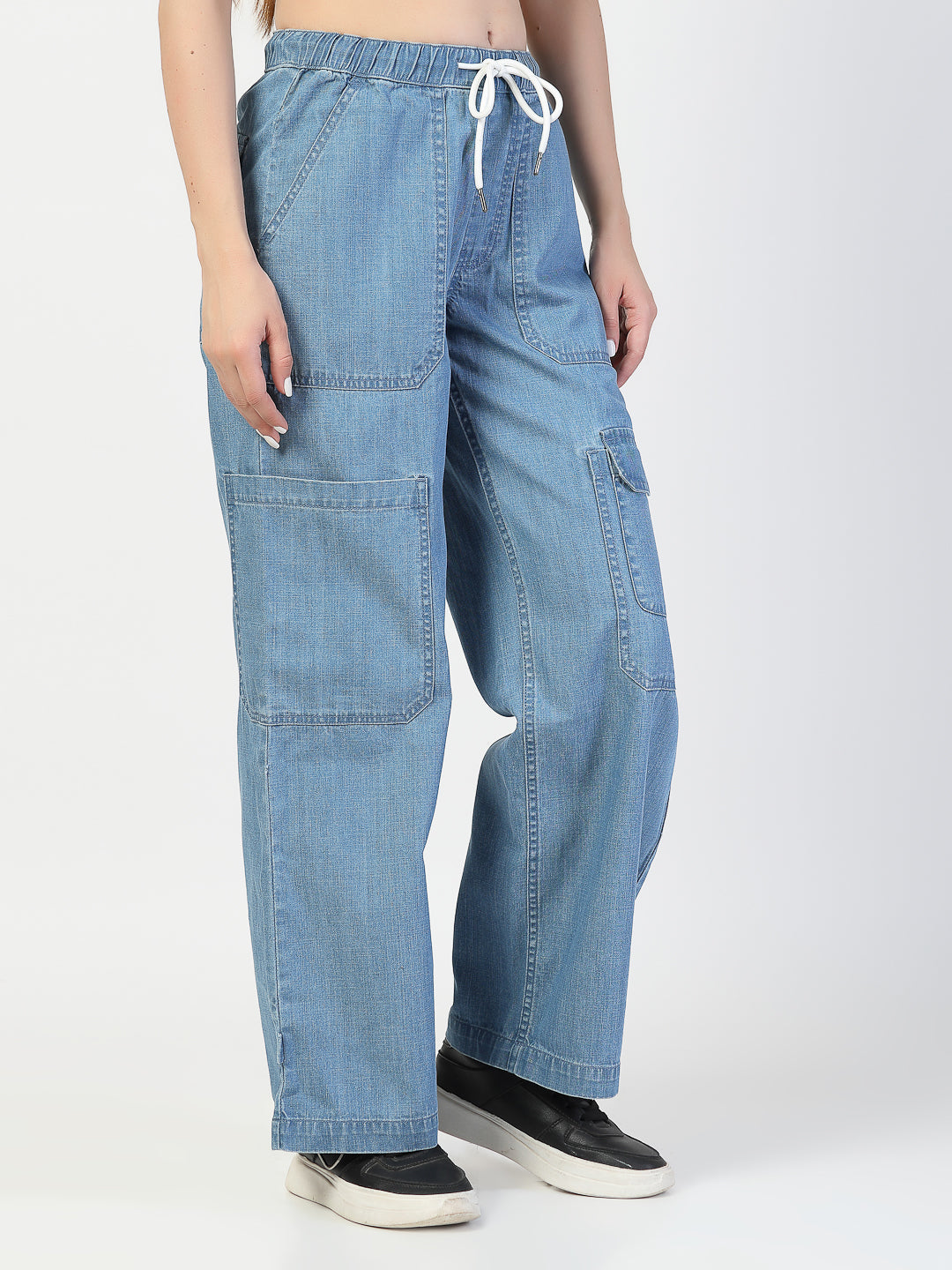 Light Blue Relaxed Straight Leg Cargos Denim Jeans - Cosmic Trio