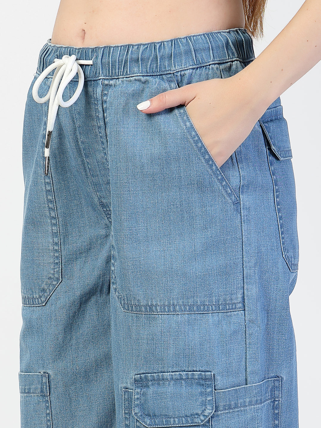 Light Blue Relaxed Straight Leg Cargos Denim Jeans - Cosmic Trio