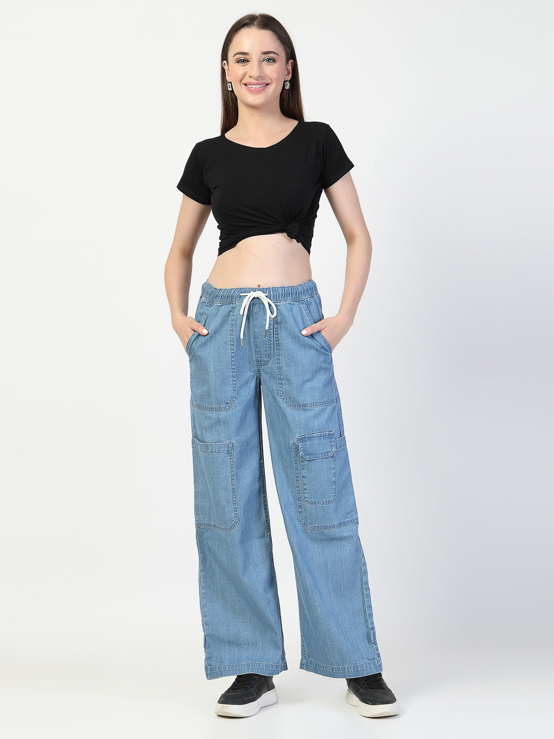Light Blue Relaxed Straight Leg Cargos Denim Jeans - Cosmic Trio