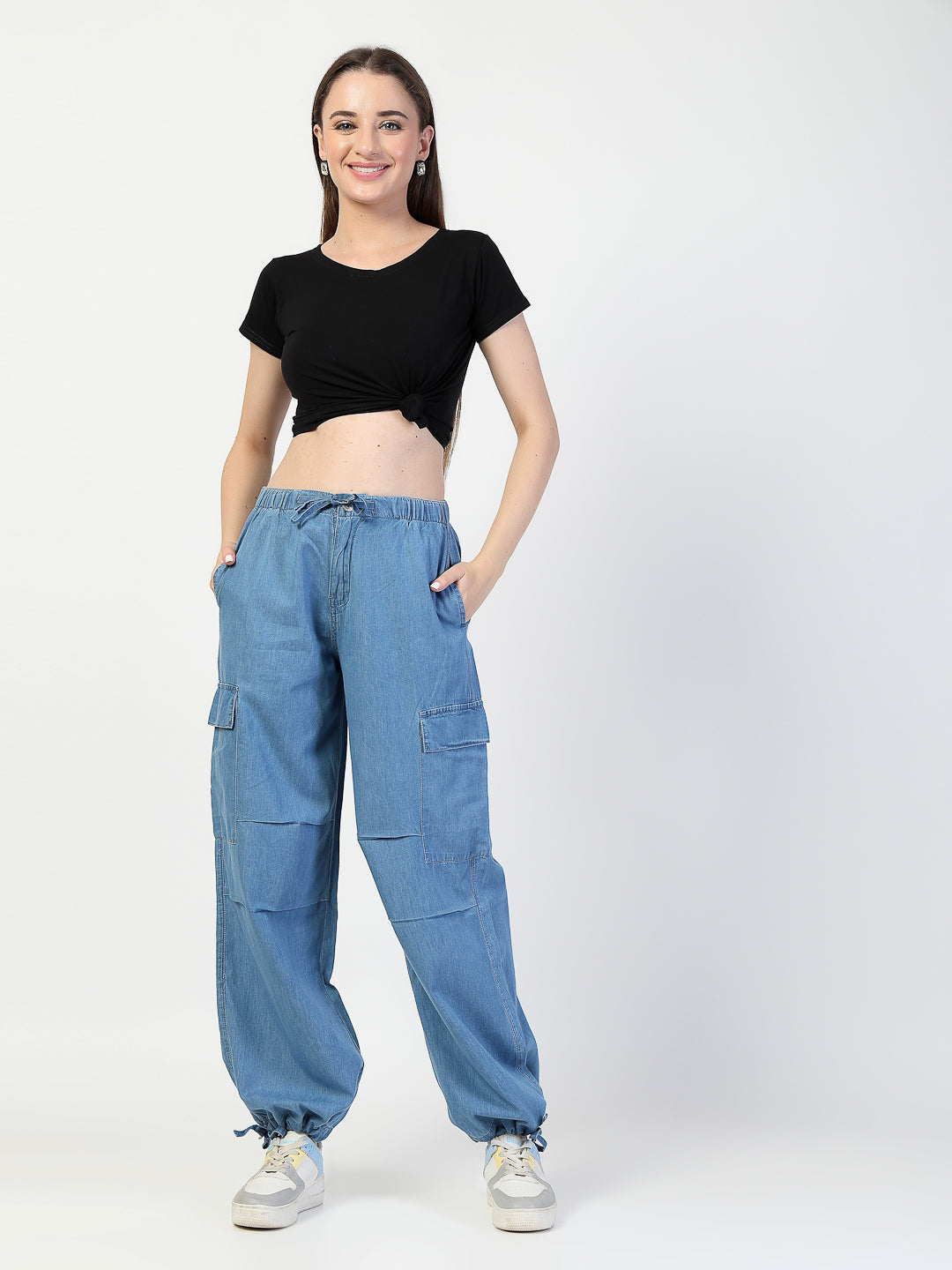 Light Blue Cargo Jeans With Elastcated Waistband - Cosmic Trio