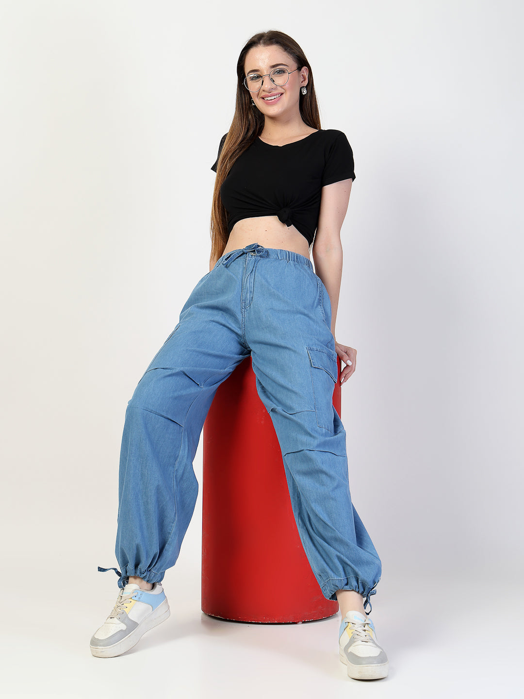 Light Blue Cargo Jeans With Elastcated Waistband - Cosmic Trio