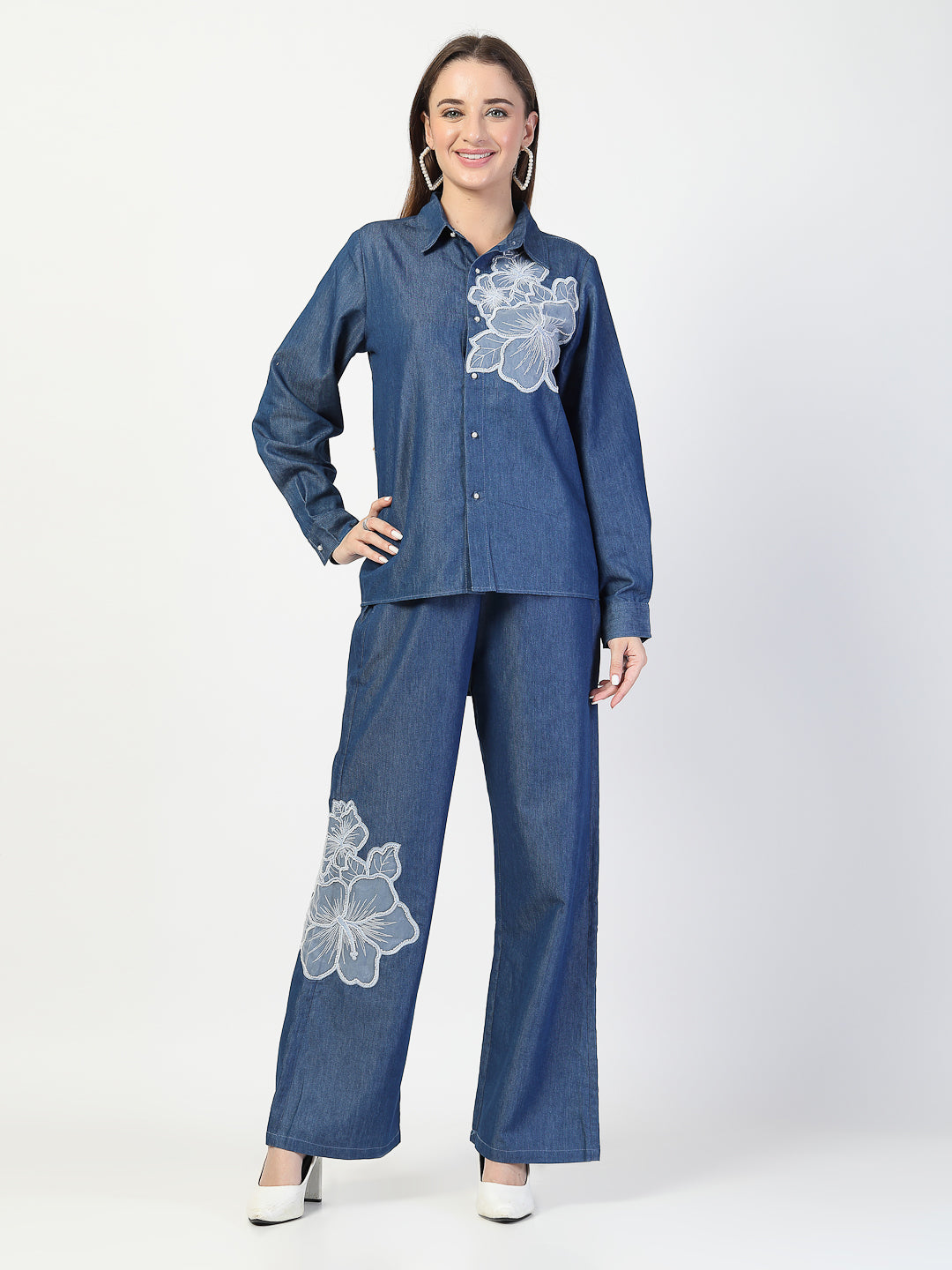 Blue Denim Embroidered Co-Ord Set - Cosmic Trio