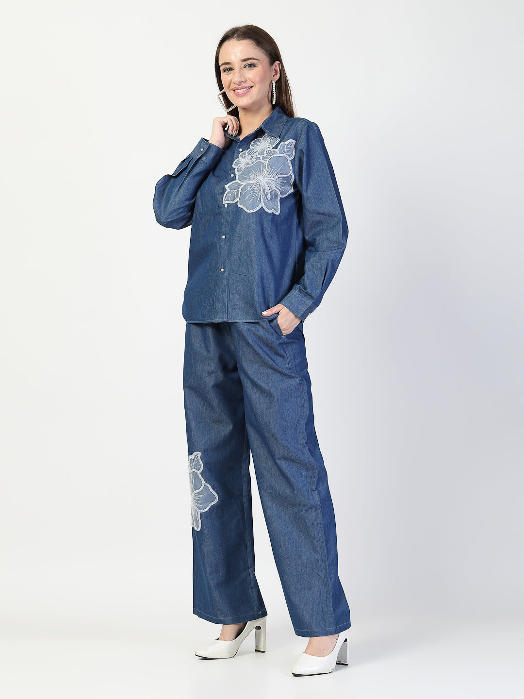 Blue Denim Embroidered Co-Ord Set - Cosmic Trio