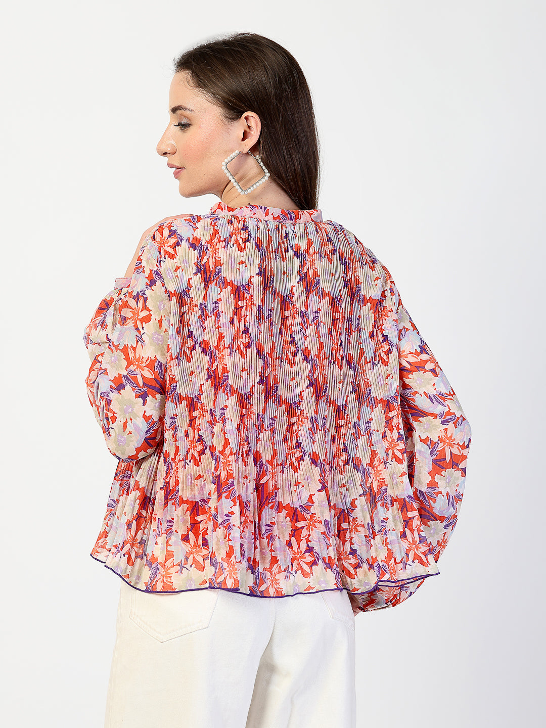 Printed Bishop Sleeves Chiffon Pleated Top - Cosmic Trio