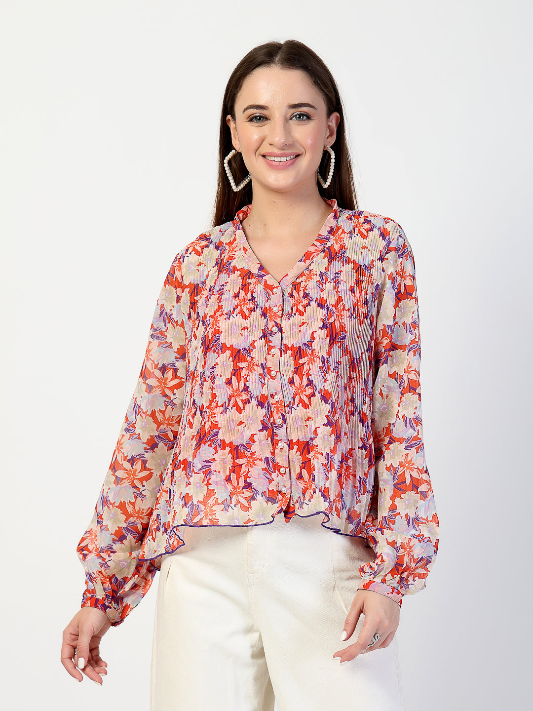 Printed Bishop Sleeves Chiffon Pleated Top - Cosmic Trio